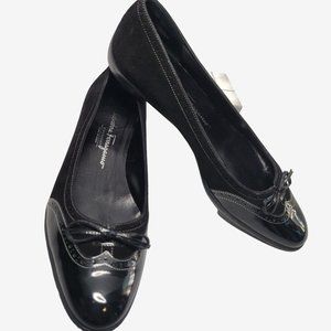 Salvatore Ferragamo Black Patent & Suede Ballet Flats